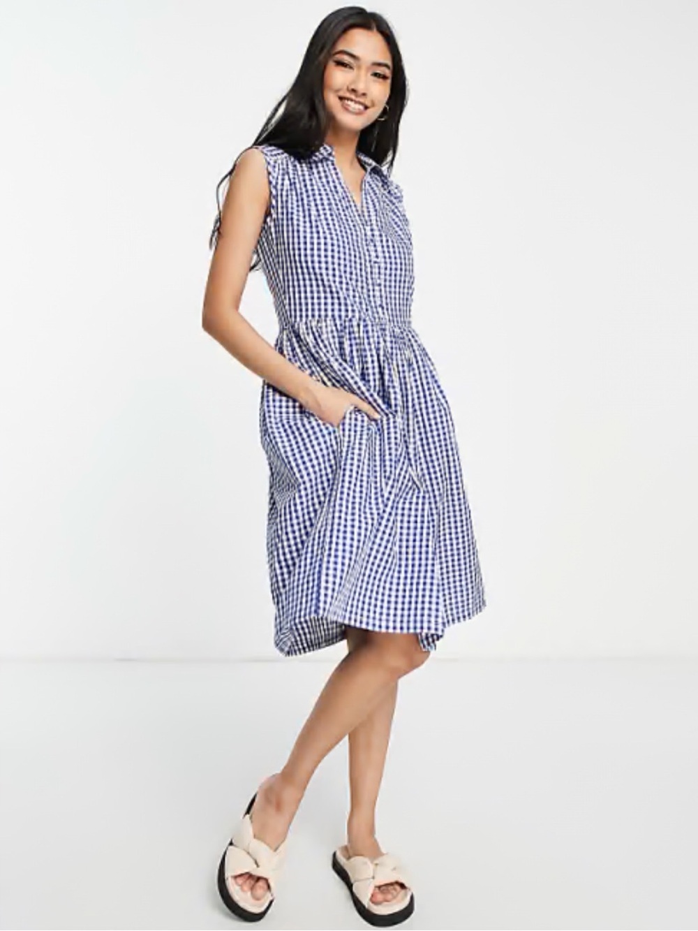 French Connection Rita Dress Sleeveless Cotton Check Blue Medium
